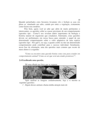 33
Quando perturbados estes besouros levantam vôo e fecham as asas em
pleno ar, simulando um salto, caindo por entre a vegetação, exatamente
como fazem seus modelos.
       Pois bem, agora você já sabe que além de muito pertinentes o
interessantes, as questões sobre as causas proximais de um comportamento
(questões tipo - Como?) nos revelam dados importantes da biologia e
história natural do organismo que estudamos. Entretanto, estas questões
devem ser preliminares em nossa busca para entender o papel de um
determinado comportamento sobre o valor adaptativo de uma espécie
(questões tipo - Por quê?), ou seja, o quanto exibir ou não um determinado
comportamento pode contribuir para o sucesso individual. Geralmente,
nessa fase da orientação, uma das questões mais comuns que escuto de
meus alunos é a seguinte:

      "Como eu encontro uma questão bonita como esta para estudar em
comportamento animal? Como eu sei que será um estudo promissor?".

2.4 Escolhendo uma questão.

       Dê uma olhada nas fotos que se seguem:




       Após analisar as imagens cuidadosamente, faça a si mesmo as
seguintes questões:
       Algum desses animais chama minha atenção mais do
 