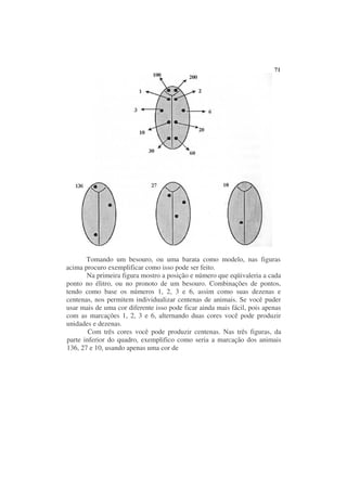 71




       Tomando um besouro, ou uma barata como modelo, nas figuras
acima procuro exemplificar como isso pode ser feito.
       Na primeira figura mostro a posição e número que eqüivaleria a cada
ponto no élitro, ou no pronoto de um besouro. Combinações de pontos,
tendo como base os números 1, 2, 3 e 6, assim como suas dezenas e
centenas, nos permitem individualizar centenas de animais. Se você puder
usar mais de uma cor diferente isso pode ficar ainda mais fácil, pois apenas
com as marcações 1, 2, 3 e 6, alternando duas cores você pode produzir
unidades e dezenas.
        Com três cores você pode produzir centenas. Nas três figuras, da
parte inferior do quadro, exemplifico como seria a marcação dos animais
136, 27 e 10, usando apenas uma cor de
 