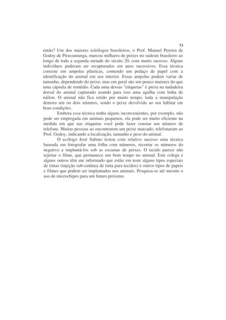 73
então? Um dos maiores ictiólogos brasileiros, o Prof. Manuel Pereira de
Godoy de Pirassununga, marcou milhares de peixes no sudeste brasileiro ao
longo de toda a segunda metade do século 20, com muito sucesso. Alguns
indivíduos puderam ser recapturados em anos sucessivos. Essa técnica
consiste em ampolas plásticas, contendo um pedaço de papel com a
identificação do animal em seu interior. Essas ampolas podem variar de
tamanho, dependendo do peixe, mas em geral são um pouco maiores do que
uma cápsula de remédio. Cada uma dessas "etiquetas" é presa na nadadeira
dorsal do animal capturado usando para isso uma agulha com linha de
náilon. O animal não fica retido por muito tempo, toda a manipulação
demora um ou dois minutos, sendo o peixe devolvido ao seu hábitat em
boas condições.
        Embora essa técnica tenha alguns inconvenientes, por exemplo, não
pode ser empregada em animais pequenos, ela pode ser muito eficiente na
medida em que nas etiquetas você pode fazer constar um número de
telefone. Muitas pessoas ao encontrarem um peixe marcado, telefonaram ao
Prof. Godoy, indicando a localização, tamanho e peso do animal.
        O ecólogo José Sabino testou com relativo sucesso uma técnica
baseada em fotografar uma folha com números, recortar os números do
negativo e implantá-los sob as escamas de peixes. O tecido parece não
rejeitar o filme, que permanece um bom tempo no animal. Este colega e
alguns outros têm me informado que estão em teste alguns tipos especiais
de tintas (injeção sub-cutânea de tinta para tecidos) e outros tipos de papeis
e filmes que podem ser implantados nos animais. Pesquisa-se até mesmo o
uso de microchipes para um futuro próximo.
 