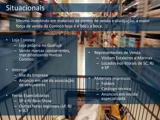 Situacionais
     Mesmo investindo em materiais de pontos de venda e divulgação, a maior
     força de venda da Coninco hoje é o boca a boca.


• Loja Coninco
   – Loja própria no Guarujá
   – Vende marcas concorrentes,           • Representantes de Venda
      mas priorizando marcas
      Coninco                                – Visitam Estaleiros e Marinas
                                             – Locados nos litorais de SC, RJ
                                               e SP
• Internet
   – Site da Empresa
                                          • Materiais impressos
   – Anúncio em site da associação
      de velejadores                         – Folders
                                             – Catálogo técnico
• Feiras Especializadas                      – Anúncios em revista
                                               especializada
   – SP e RJ Boat Show
   – Outras feiras regionais (SP, RJ
      e SC)
 