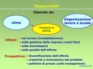 Stagionalità
                     Dipende da:

                                             Organizzazione
    clima                                    lavoro e scuola
                         Tipologia di
                            offerta

           • sul turista (insoddisfazione)
Effetti:
           • sulla gestione delle imprese (costi fissi)
           • sulla manodopera
           • sulla qualità dell’offerta

Prospettive: • diversificazione dell’offerta
                • creatività e innovazione del prodotto
                • politiche di prezzo (yeld management)
                                                      A.Macchiavelli
 