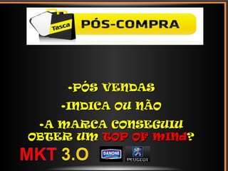 •PÓS VENDASPÓS VENDAS
•INDICA OU NÃOINDICA OU NÃO
•A MARCA CONSEGUIUA MARCA CONSEGUIU
OBTER UMOBTER UM TOP OF MINdTOP OF MINd??
 
