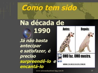 Como tem sido Na década de 1990 www.nelsoneduardonet.hpg.com.br Já não basta antecipar  e satisfazer, é preciso surpreendê-lo   e encantá-lo 