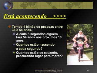 Está acontecendo  >>>> Temos 1 bilhão de pessoas entre 36 e 54 anos. A cada 8 segundos alguém fará 54 anos nos próximos 18 anos Quantos estão nascendo  a cada segundo? Quantos estão se casando, procurando lugar para morar? www.nelsoneduardonet.hpg.com.br 