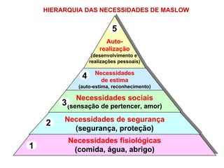 HIERARQUIA DAS NECESSIDADES DE MASLOW  Necessidades fisiológicas (comida, água, abrigo) 1 Necessidades de segurança (segurança, proteção) 2 Necessidades sociais (sensação de pertencer, amor) 3 Necessidades de estima (auto-estima, reconhecimento) 4 Auto- realização (desenvolvimento e  realizações pessoais) 5 