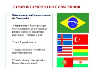 COMPORTAMENTO DO CONSUMIDOR Determinantes do Comportamento do Consumidor Nacionalidade:  Países possuem valores diferentes que orientam as práticas sociais e a organização empresarial – mercadológica. Temos 2 grande blocos: Estado mínimo, Materialismo, empreendedorismo Estado atuante, Coletividade e Desenvolvimento social  