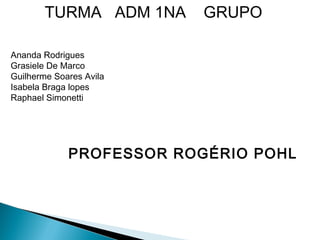 TURMA ADM 1NA GRUPO
Ananda Rodrigues
Grasiele De Marco
Guilherme Soares Avila
Isabela Braga lopes
Raphael Simonetti
PROFESSOR ROGÉRIO POHL
 