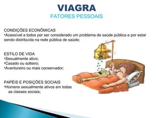 CONDIÇÕES ECONÔMICAS
•Acessível a todos por ser considerado um problema de saúde pública e por estar
sendo distribuída na rede pública de saúde;
ESTILO DE VIDA
•Sexualmente ativo;
•Casado ou solteiro;
•Aventureiro ou mais conservador;
PAPÉIS E POSIÇÕES SOCIAIS
•Homens sexualmente ativos em todas
as classes sociais;
VIAGRA
FATORES PESSOAIS
 