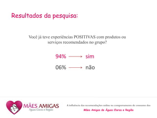 A influência das recomendações online no comportamento de consumo das
Mães Amigas de Águas Claras e Região
Resultados da pesquisa:
Você já teve experiências POSITIVAS com produtos ou
serviços recomendados no grupo?
94% sim
06% não
 
