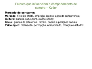 Fatores  que  influenciam  o  comportamento  de  
compra  – Kotler
Mercado de consumo:
Mercado: nível de oferta, emprego, crédito, ação da concorrência;;
Cultural: cultura, subcultura, classe social;;
Social: grupos de referência, família, papéis e posições sociais;;
Psicológico: motivação, percepção, aprendizado, crenças e atitudes;;
 