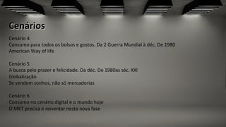 Cenários	
  
Cenário	
  4	
  	
  
Consumo	
  para	
  todos	
  os	
  bolsos	
  e	
  gostos.	
  Da	
  2	
  Guerra	
  Mundial	
  à	
  déc.	
  De	
  1980	
  
American	
  Way	
  of	
  life	
  
	
  
Cenário	
  5	
  
A	
  busca	
  pelo	
  prazer	
  e	
  felicidade.	
  Da	
  déc.	
  De	
  1980as	
  séc.	
  XXI	
  
Globalização	
  
Se	
  vendem	
  sonhos,	
  não	
  só	
  mercadorias	
  
	
  
Cenário	
  6	
  	
  
Consumo	
  no	
  cenário	
  digital	
  e	
  o	
  mundo	
  hoje	
  
O	
  MKT	
  precisa	
  e	
  reiventar	
  nesta	
  nova	
  fase	
  
 