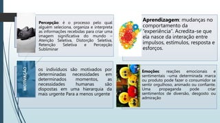 Percepção: é o processo pelo qual
alguém seleciona, organiza e interpreta
as informações recebidas para criar uma
imagem significativa do mundo –
Atenção Seletiva, Distorção Seletiva,
Retenção Seletiva e Percepção
Subliminar
Aprendizagem: mudanças no
comportamento da
“experiência”. Acredita-se que
ela nasce da interação entre
impulsos, estímulos, resposta e
esforços.
os indivíduos são motivados por
determinadas necessidades em
determinados momentos, as
necessidades humanas são
dispostas em uma hierarquia da
mais urgente Para a menos urgente
Emoções: reações emocionais e
sentimentais –uma determinada marca
ou produto pode fazer o consumidor se
sentir orgulhoso, animado ou confiante.
Uma propaganda pode criar
sentimentos de diversão, desgosto ou
admiração
 