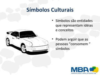 Símbolos Culturais Símbolos são entidades que representam idéias e conceitos Podem argüir que as pessoas “consomem ” símbolos  