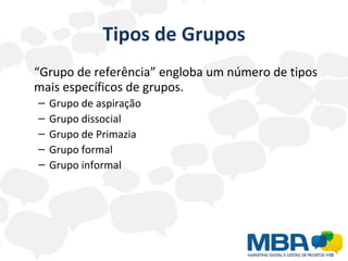 Tipos de Grupos “ Grupo de referência” engloba um número de tipos mais específicos de grupos. Grupo de aspiração Grupo dissocial Grupo de Primazia Grupo formal Grupo informal 