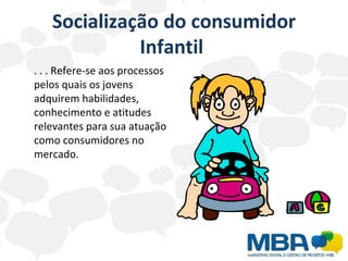 Socialização do consumidor Infantil  . . . Refere-se aos processos pelos quais os jovens adquirem habilidades, conhecimento e atitudes relevantes para sua atuação como consumidores no mercado. 