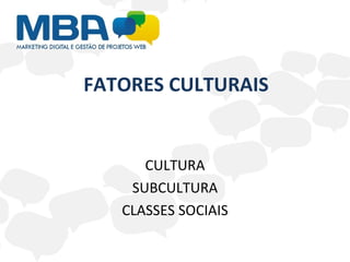FATORES CULTURAIS CULTURA SUBCULTURA CLASSES SOCIAIS 