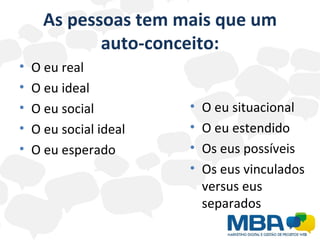 As pessoas tem mais que um auto-conceito: O eu real O eu ideal O eu social O eu social ideal O eu esperado O eu situacional O eu estendido Os eus possíveis Os eus vinculados versus eus separados 