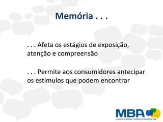 Memória . . . . . . Afeta os estágios de exposição, atenção e compreensão . . . Permite aos consumidores antecipar os estímulos que podem encontrar 