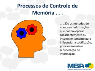 Processos de Controle de Memória . . . . . . São os métodos de manusear informações que podem operar conscientemente ou inconscientemente para influenciar a codificação, posicionamento e recuperação de informação. 