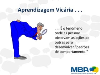 Aprendizagem Vicária . . . . . . É o fenômeno onde as pessoas observam as ações de outras para desenvolver “padrões de comportamento.” 