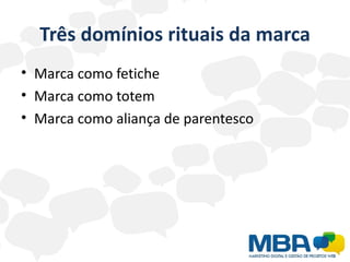 Três domínios rituais da marca
• Marca como fetiche
• Marca como totem
• Marca como aliança de parentesco
 