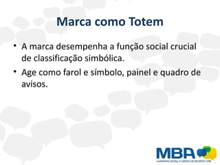 Marca como Totem
• A marca desempenha a função social crucial
  de classificação simbólica.
• Age como farol e símbolo, painel e quadro de
  avisos.
 