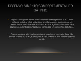 DESENVOLVIMENTO COMPORTAMENTAL DO
             GATINHO

•    Na gata, a produção de colostro ocorre unicamente entre as primeiras 24 a 72 horas,
       após este período, o leite é produzido de forma homogénea e igualmente rico em
    defesas, durante o tempo restante de lactação. Portanto o gatinho pode absorver todas
    as proteínas, incluindo as imunoglobulinas e anticorpos, em qualquer fase da lactação.


•    Deve-se considerar a temperatura corpórea do neonato que, no primeiro dia de vida,
    mantém-se entre 34,5 e 36C, subindo para 36 a 37C durante as duas primeiras semanas
                                          de vida.
 