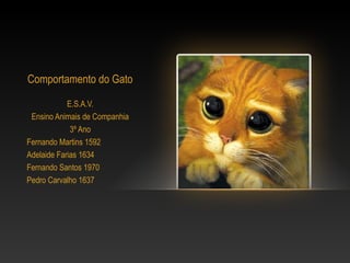 Comportamento do Gato

            E.S.A.V.
 Ensino Animais de Companhia
             3º Ano
Fernando Martins 1592
Adelaide Farias 1634
Fernando Santos 1970
Pedro Carvalho 1637
 