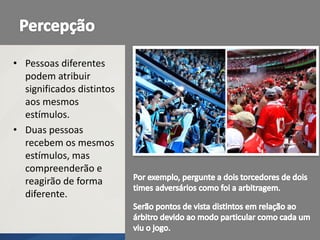 • Pessoas diferentes
podem atribuir
significados distintos
aos mesmos
estímulos.
• Duas pessoas
recebem os mesmos
estímulos, mas
compreenderão e
reagirão de forma
diferente.
 