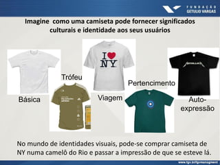 Imagine como uma camiseta pode fornecer significados
culturais e identidade aos seus usuários
No mundo de identidades visuais, pode-se comprar camiseta de
NY numa camelô do Rio e passar a impressão de que se esteve lá.
Básica
Trófeu
Viagem Auto-
expressão
Pertencimento
 