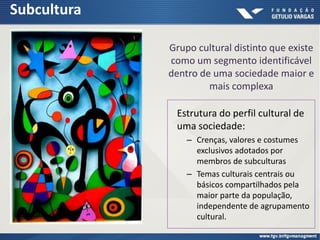 Subcultura
Estrutura do perfil cultural de
uma sociedade:
– Crenças, valores e costumes
exclusivos adotados por
membros de subculturas
– Temas culturais centrais ou
básicos compartilhados pela
maior parte da população,
independente de agrupamento
cultural.
Grupo cultural distinto que existe
como um segmento identificável
dentro de uma sociedade maior e
mais complexa
 