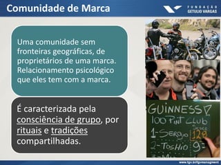 Comunidade de Marca
Uma comunidade sem
fronteiras geográficas, de
proprietários de uma marca.
Relacionamento psicológico
que eles tem com a marca.
É caracterizada pela
consciência de grupo, por
rituais e tradições
compartilhadas.
 