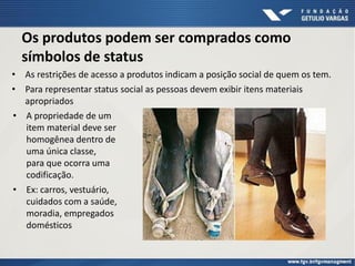 Os produtos podem ser comprados como
símbolos de status
• A propriedade de um
item material deve ser
homogênea dentro de
uma única classe,
para que ocorra uma
codificação.
• Ex: carros, vestuário,
cuidados com a saúde,
moradia, empregados
domésticos
• As restrições de acesso a produtos indicam a posição social de quem os tem.
• Para representar status social as pessoas devem exibir itens materiais
apropriados
 