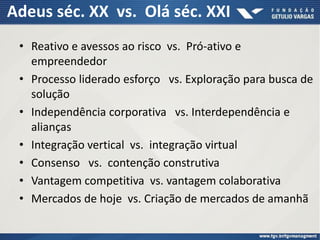 Adeus séc. XX vs. Olá séc. XXI
• Reativo e avessos ao risco vs. Pró-ativo e
empreendedor
• Processo liderado esforço vs. Exploração para busca de
solução
• Independência corporativa vs. Interdependência e
alianças
• Integração vertical vs. integração virtual
• Consenso vs. contenção construtiva
• Vantagem competitiva vs. vantagem colaborativa
• Mercados de hoje vs. Criação de mercados de amanhã
 