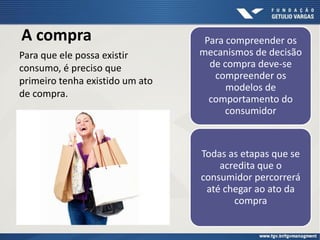 A compra
Para que ele possa existir
consumo, é preciso que
primeiro tenha existido um ato
de compra.
Para compreender os
mecanismos de decisão
de compra deve-se
compreender os
modelos de
comportamento do
consumidor
Todas as etapas que se
acredita que o
consumidor percorrerá
até chegar ao ato da
compra
 