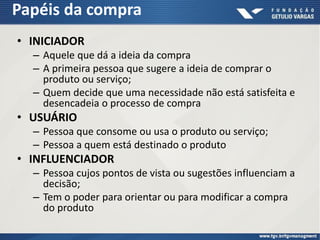Papéis da compra
• INICIADOR
– Aquele que dá a ideia da compra
– A primeira pessoa que sugere a ideia de comprar o
produto ou serviço;
– Quem decide que uma necessidade não está satisfeita e
desencadeia o processo de compra
• USUÁRIO
– Pessoa que consome ou usa o produto ou serviço;
– Pessoa a quem está destinado o produto
• INFLUENCIADOR
– Pessoa cujos pontos de vista ou sugestões influenciam a
decisão;
– Tem o poder para orientar ou para modificar a compra
do produto
 