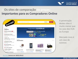 A penetração
destes sites é
muito menor que
no caso dos EUA
ou Europa
Mercado Livre é
um caso de
sucesso.
:: Os sites de comparação de preços:
Importantes para os Compradores Online
http://www.buscape.com.br/
Buscapé (acesso em 18/01/2013)
 