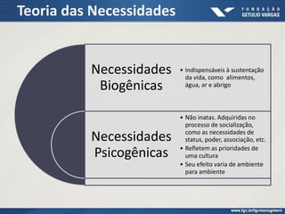 Teoria das Necessidades
Necessidades
Biogênicas
Necessidades
Psicogênicas
• Indispensáveis à sustentação
da vida, como alimentos,
água, ar e abrigo
• Não inatas. Adquiridas no
processo de socialização,
como as necessidades de
status, poder, associação, etc.
• Refletem as prioridades de
uma cultura
• Seu efeito varia de ambiente
para ambiente
 
