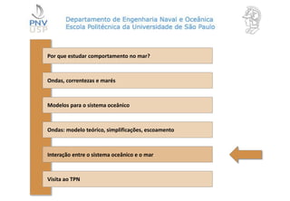 Por que estudar comportamento no mar?
Ondas, correntezas e marés
Modelos para o sistema oceânico
Ondas: modelo teórico, simplificações, escoamento
Interação entre o sistema oceânico e o mar
Visita ao TPN
 