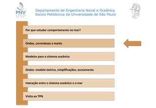 Por que estudar comportamento no mar?
Ondas, correntezas e marés
Modelos para o sistema oceânico
Ondas: modelo teórico, simplificações, escoamento
Interação entre o sistema oceânico e o mar
Visita ao TPN
 