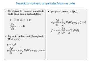 • p = patm= cte em z = ζ(x,t):
Descrição do movimento das partículas fluídas nas ondas
• Condições de contorno: o efeito de
onda decai com a profundidade.
• Equação de Bernoulli (Equação do
Movimento):
0
)
(
0
=


→

−
→
−
=
z
z
v
z

cte
gz
p
t
gk
g
=
+


+
+


−
=






2
1
)
2
1
(
1
0
2
1













−


−
=
=
−


−


−
t
g
g
t
 
