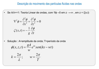 Descrição do movimento das partículas fluídas nas ondas
• Se A/λ<<1: Teoria Linear de ondas, com ∇ϕ→0 em z →-∞ , em z = ζ(x,t)
• Solução : A=amplitude da onda; T=período da onda
t
g
t
x
z
x


−
=
=


+


=






1
)
,
(
0
2
2
2
2
2
T
w
k
wt
kx
sen
e
w
gA
t
z
x kz




2
;
2
)
(
)
,
,
(
=
=
−
=
 