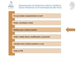 Por que estudar comportamento no mar?
Ondas, correntezas e marés
Modelos para o sistema oceânico
Ondas: modelo teórico, simplificações, escoamento
Interação entre o sistema oceânico e o mar
Visita ao TPN
 