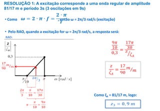 RESOLUÇÃO 1: A excitação corresponde a uma onda regular de amplitude
81/17 m e período 3s (3 oscilações em 9s)
RAO:
• Como , então ω = 2π/3 rad/s (excitação)
• Pelo RAO, quando a excitação for ω = 2π/3 rad/s, a resposta será:
Como ζA = 81/17 m, logo:
 