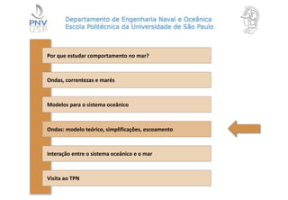 Por que estudar comportamento no mar?
Ondas, correntezas e marés
Modelos para o sistema oceânico
Ondas: modelo teórico, simplificações, escoamento
Interação entre o sistema oceânico e o mar
Visita ao TPN
 