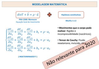 MODELAGEM MATEMÁTICA
PNV-2340: Memecon
Equação local do movimento
Hipóteses constitutivas
MecFlu 1 e 2
( INDETERMINADO!!! )
• Movimentos que o corpo pode
realizar: Rigidez e
incompressibilidade (isocóricos);
• Tensor de Cauchy: Fluido
newtoniano, invíscido, ideal...
 