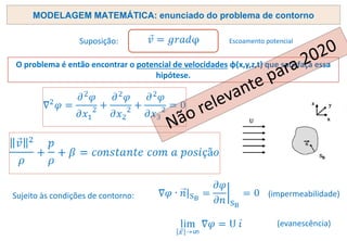 MODELAGEM MATEMÁTICA: enunciado do problema de contorno
Escoamento potencial
O problema é então encontrar o potencial de velocidades φ(x,y,z,t) que satisfaça essa
hipótese.
Sujeito às condições de contorno:
Suposição:
(impermeabilidade)
(evanescência)
 