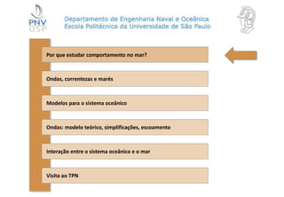 Por que estudar comportamento no mar?
Ondas, correntezas e marés
Modelos para o sistema oceânico
Ondas: modelo teórico, simplificações, escoamento
Interação entre o sistema oceânico e o mar
Visita ao TPN
 
