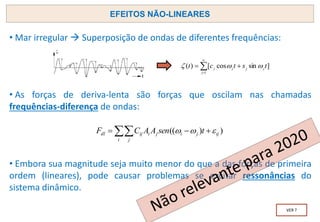 • Mar irregular → Superposição de ondas de diferentes frequências:
• As forças de deriva-lenta são forças que oscilam nas chamadas
frequências-diferença de ondas:
• Embora sua magnitude seja muito menor do que a das forças de primeira
ordem (lineares), pode causar problemas se excitar ressonâncias do
sistema dinâmico.
EFEITOS NÃO-LINEARES
VER ?


=
+
=
1
]
sin
cos
[
)
(
j
j
j
j
j
t
s
t
c
t 


 +
−
=
i j
ij
j
i
j
i
ij
dl t
sen
A
A
C
F )
)
(( 


 