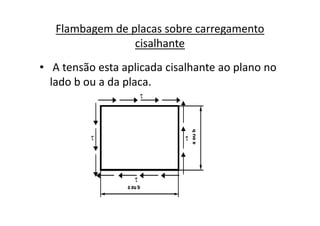 Flambagem de placas sobre carregamento 
cisalhante 
• A tensão esta aplicada cisalhante ao plano no 
lado b ou a da placa. 
 